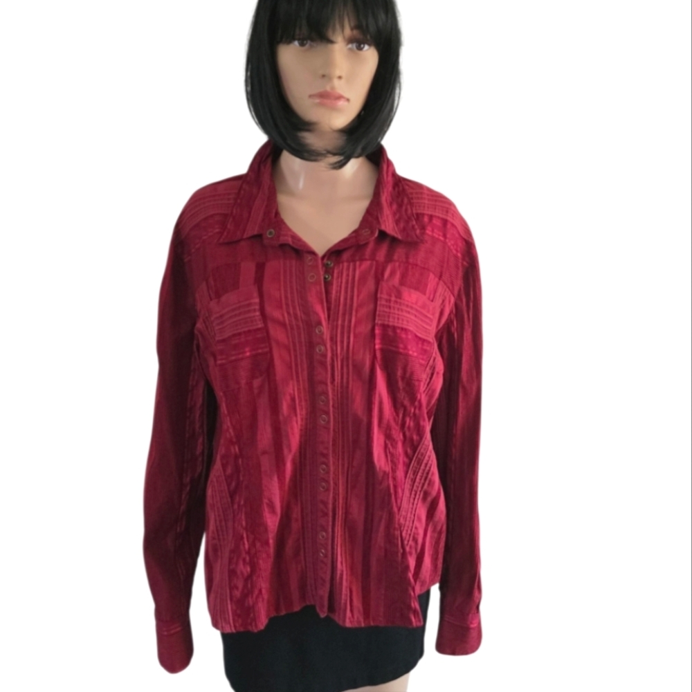 Y2 Blu long sleeves red textured Button Up blouse, plus size XXL